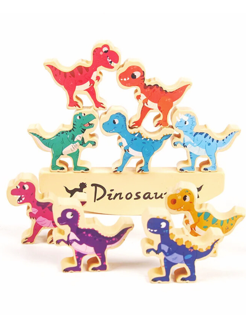 木製恐竜バランス積み木 恐竜ブロックを積み上げたメインイメージ 台座付き
