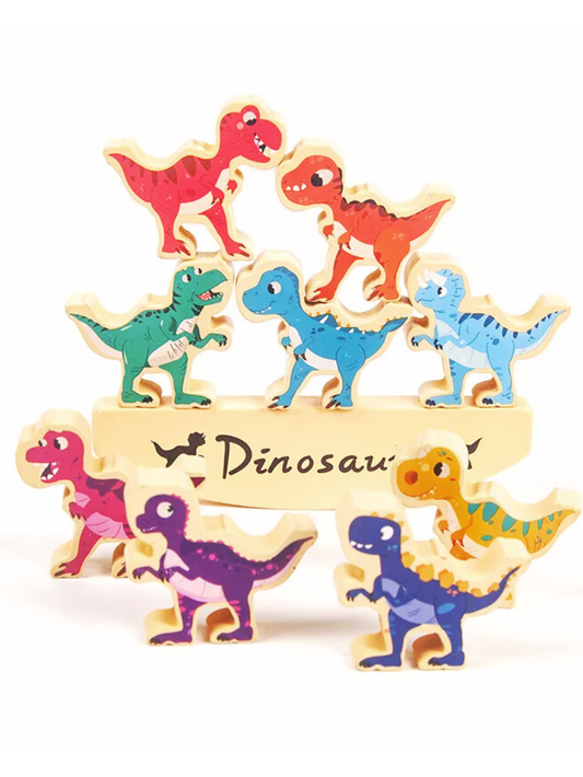 木製恐竜バランス積み木 恐竜ブロックを積み上げたメインイメージ 台座付き
