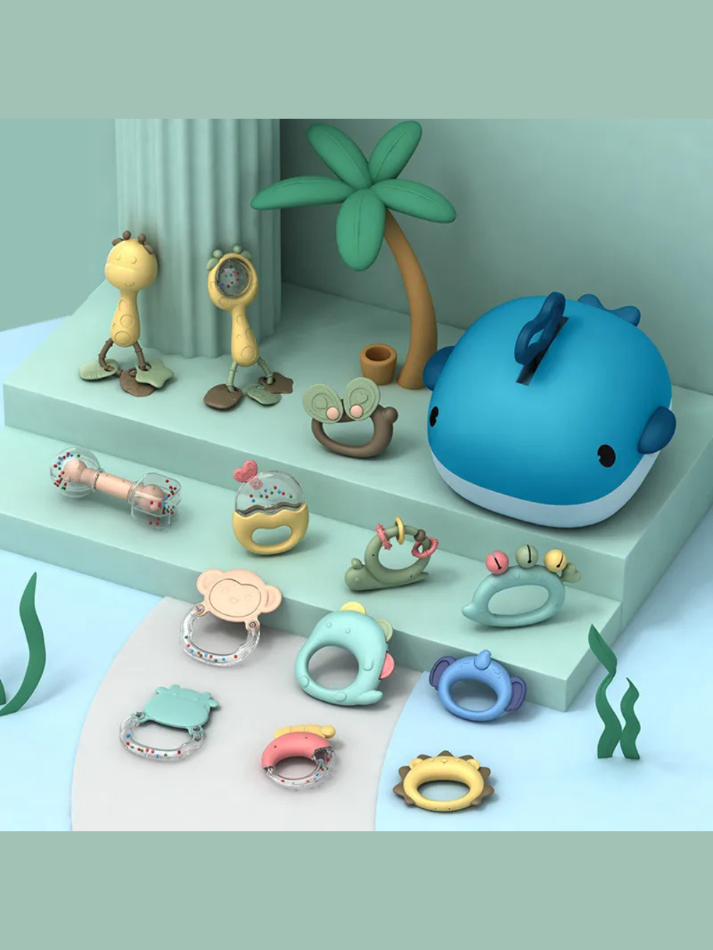 くじら収納ボックス付き歯固めラトルセット 全体ディスプレイ パーツの形と色が分かるイメージ

