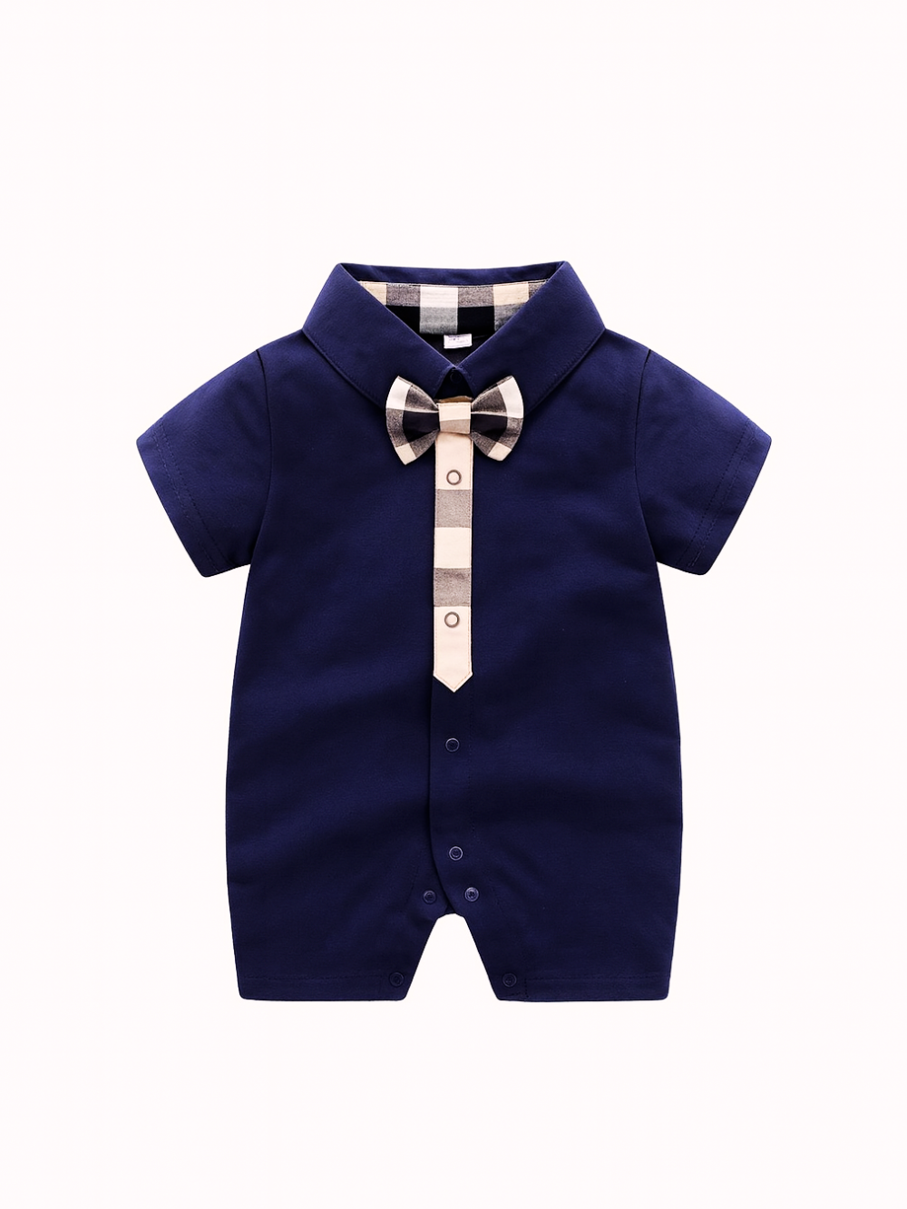 ネイビーブルーの襟付きベビー半袖ロンパース正面
