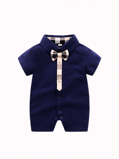 ネイビーブルーの襟付きベビー半袖ロンパース正面
