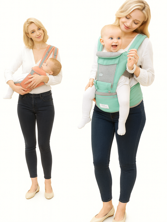 白い背景で、2人の女性がスリング（抱っこ紐）を使用して赤ちゃんを抱っこしている着用イメージ。左はピンク×グレーのスリングで新生児を横抱き、右はミントグリーンのスリングで赤ちゃんを前向き抱っこしており、装着方法と使用シーンが分かる。
