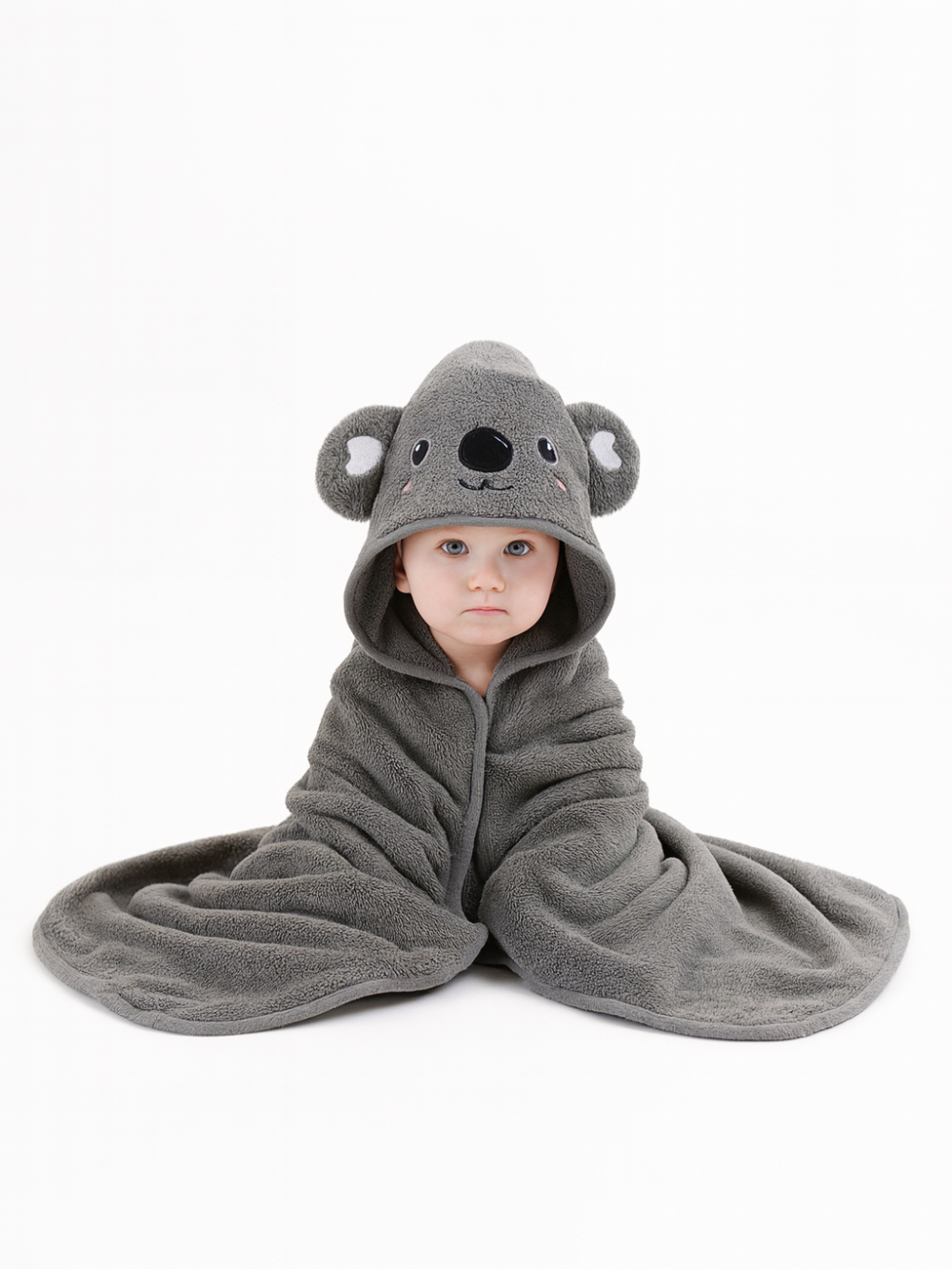 珊瑚絨 フード付きアニマル刺繍ベビーバスタオル80×80 グレーコアラ 着用イメージ（ポンチョタオル）
