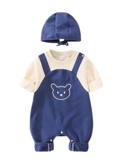 やわらかコットンで春秋にちょうどいい 子ども長袖ロンパース くまモチーフ 帽子付き 着脱フード コットン100％ 59–90cm