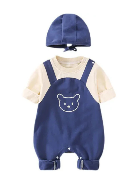 やわらかコットンで春秋にちょうどいい 子ども長袖ロンパース くまモチーフ 帽子付き 着脱フード コットン100％ 59–90cm