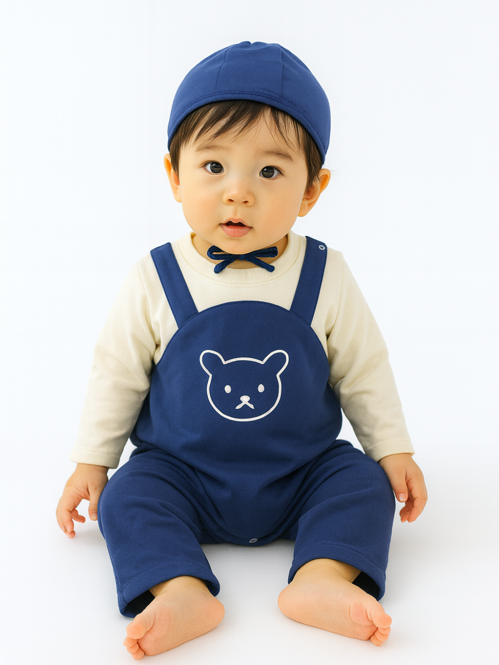 ブルーのくまモチーフサロペット風ベビーロンパースの着用イメージ
