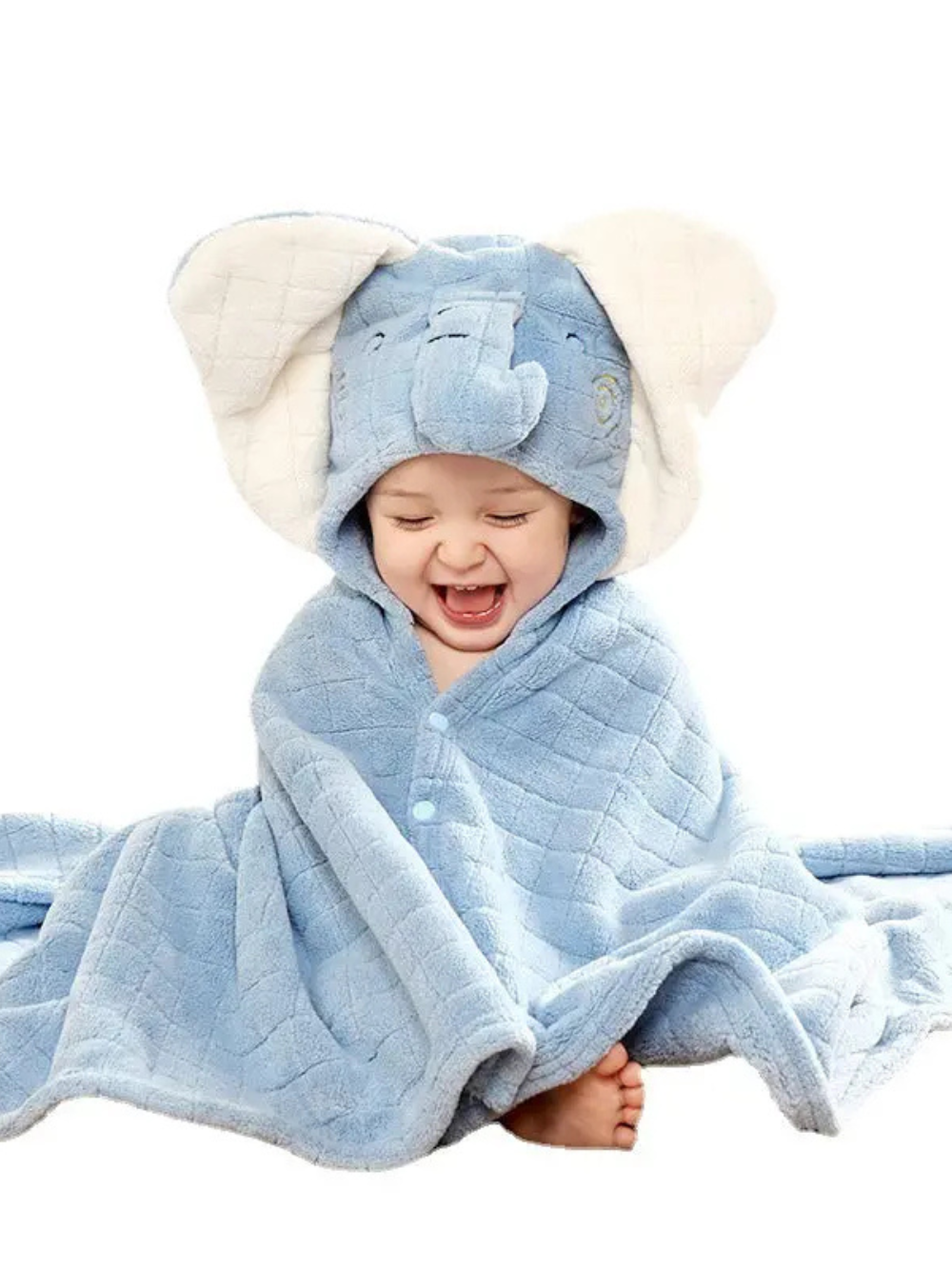 スマイリングエレファント柄 ベビー フード付きバスタオル 白背景の商品画像（フード付きバスタオル（ベビーバスタオル））
