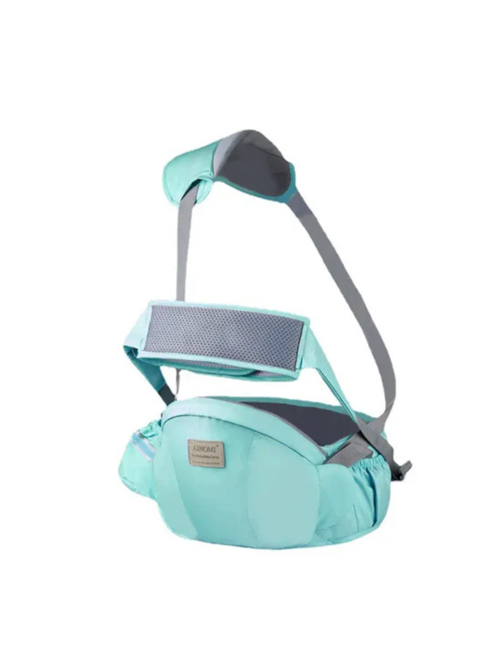 ライトグリーンの2WAYベビーヒップシート 着用イメージ（ヒップシート（抱っこサポート））
