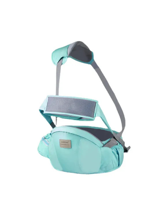 ライトグリーンの2WAYベビーヒップシート 着用イメージ（ヒップシート（抱っこサポート））
