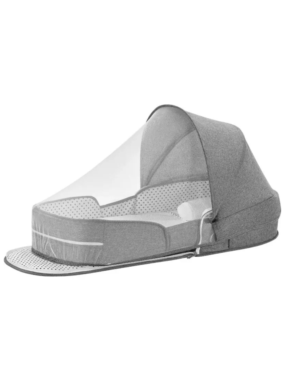 折りたたみポータブルベビーベッド グレー 蚊帳フード付き 全体イメージ 白背景（ポータブルベビーベッド（旅行用ベビーベッド））
