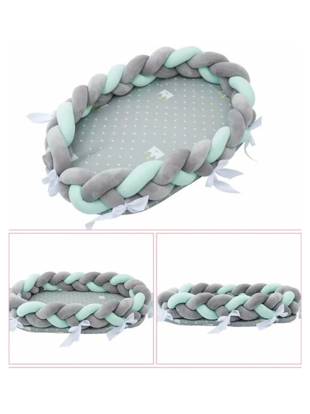 クラウン柄 グレー×ミントのベビースリープネスト 三つ編みクッション 全体イメージ（ベビースリープネスト（寝かしつけ））
