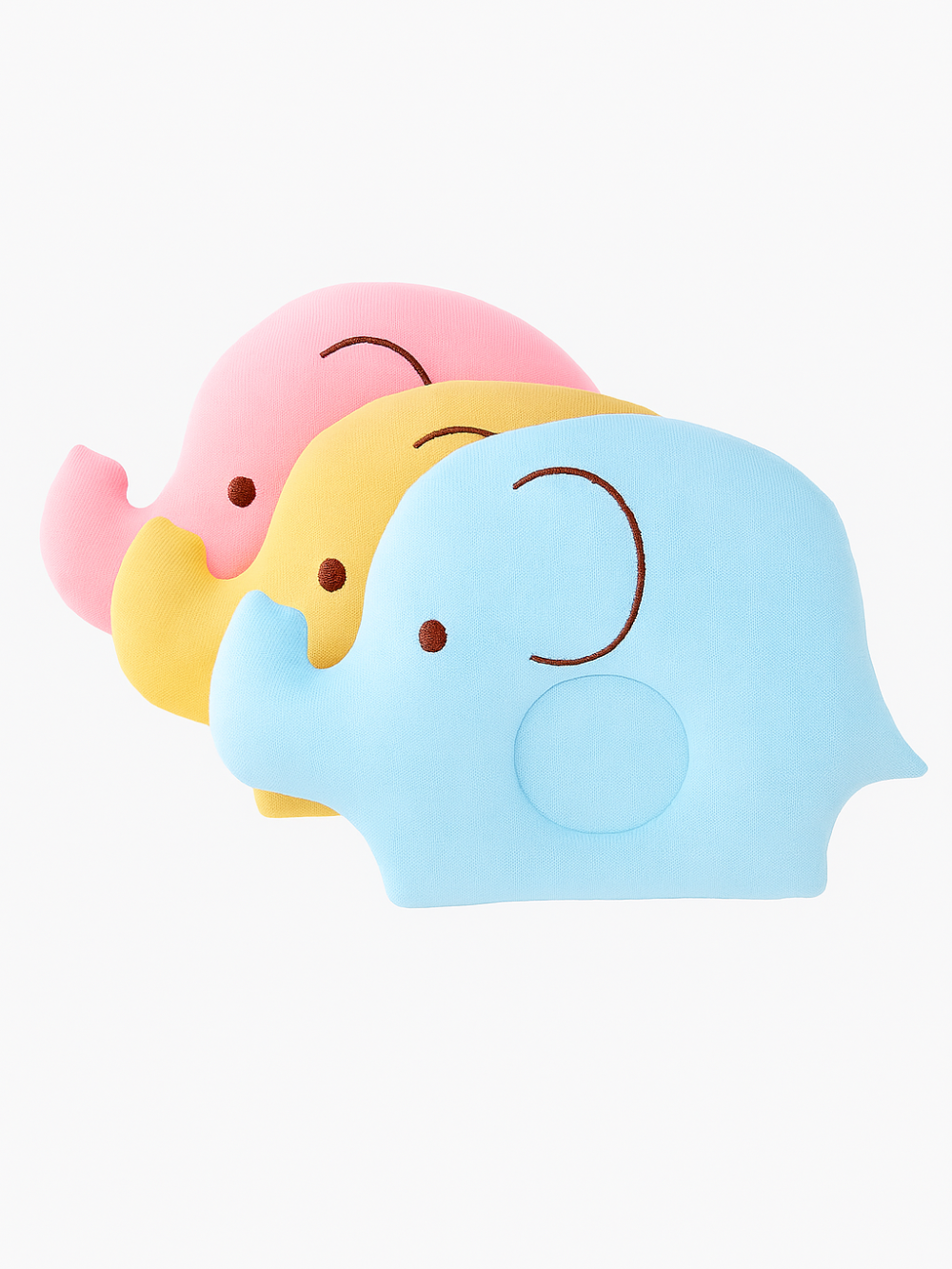 ベビーまくら エレファント／ピッグ 3色セット風の並び（ベビー枕）青・ピンク・イエロー 動物モチーフ
