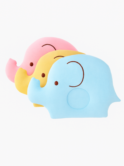 ベビーまくら エレファント／ピッグ 3色セット風の並び（ベビー枕）青・ピンク・イエロー 動物モチーフ
