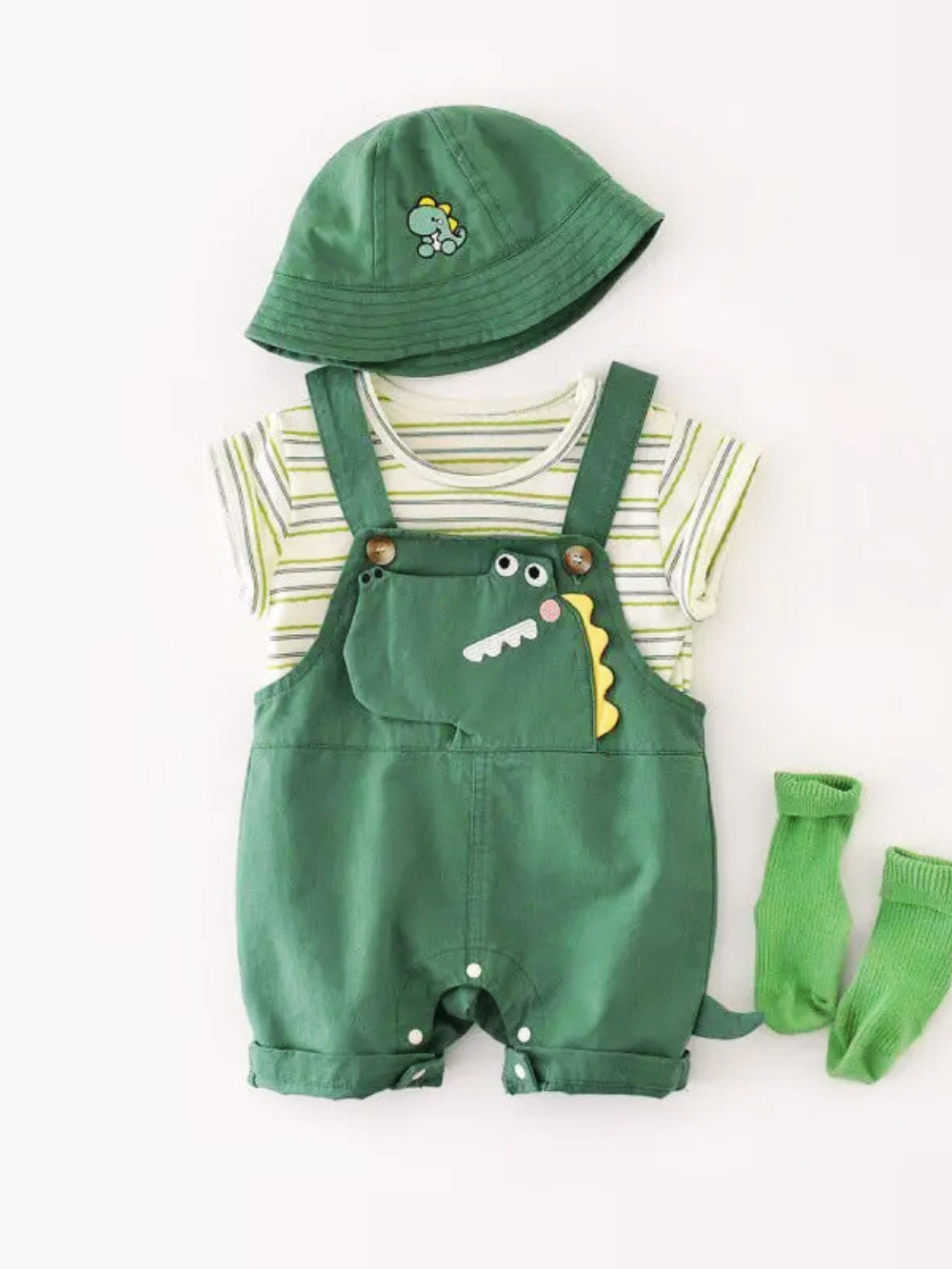 通気性の良い夏コーデが完成する 男の子半袖ロンパース 恐竜風フェイクサスペンダーデザイン コットン素材 66–90cm