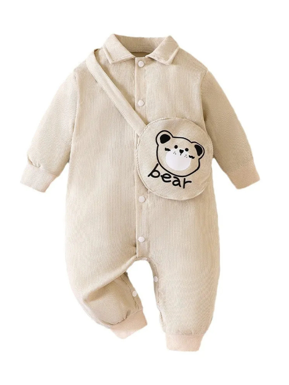 アプリコットの長袖ベビーカバーオール 前ボタンシングルブレスト くまモチーフポケット
