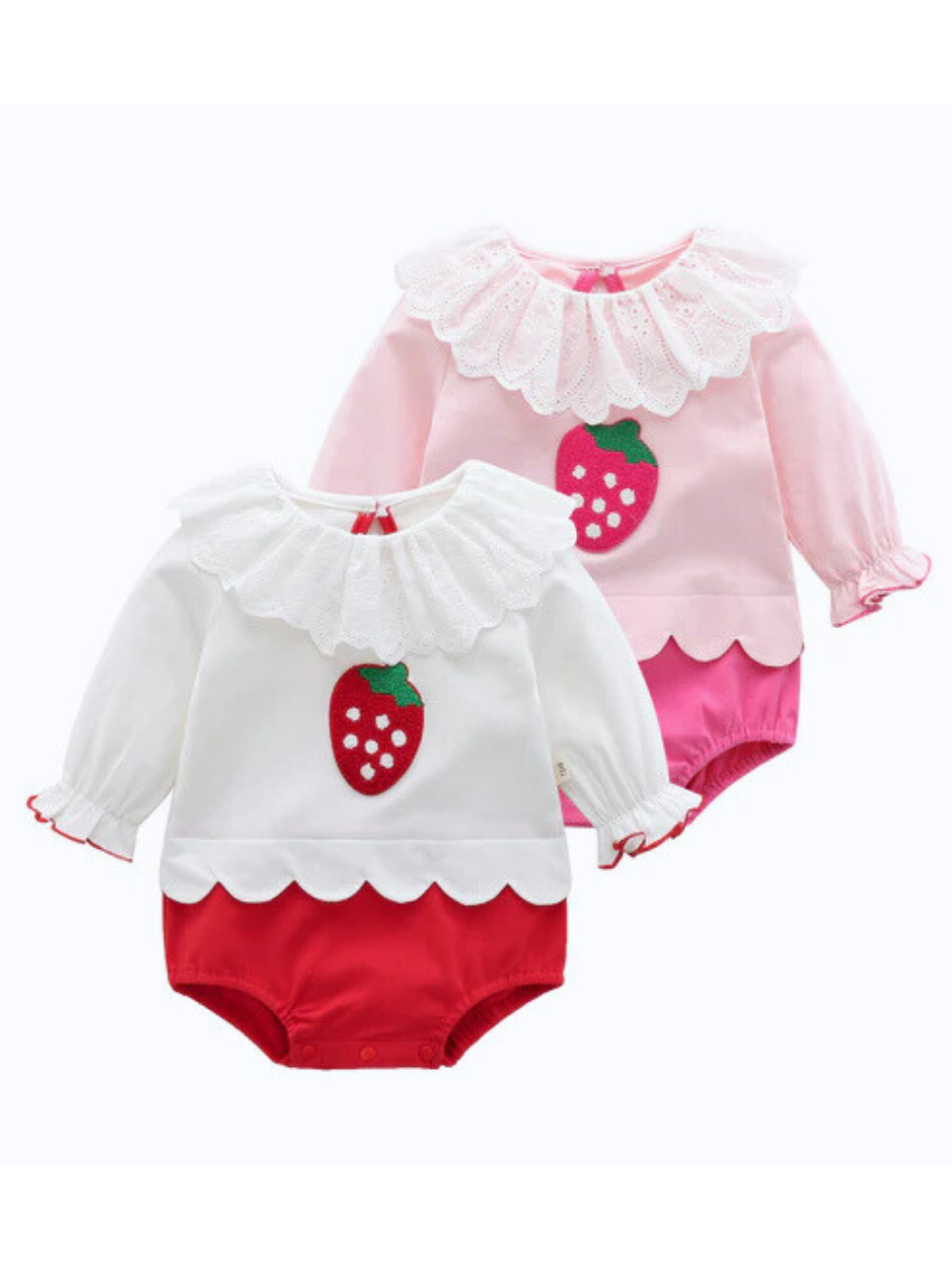 いちごモチーフの長袖コットンボディスーツ フリル襟デザイン 2色の全体イメージ
