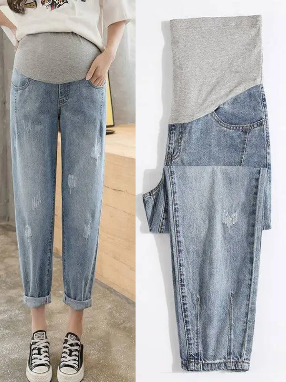 マタニティハイウエストデニムパンツ スクラッチブルー モデル着用 全身正面
