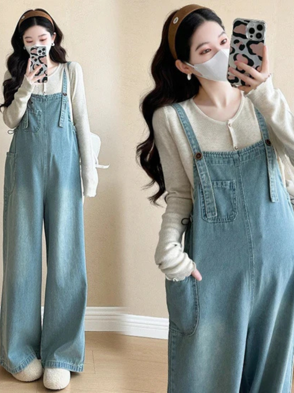 マタニティデニムサロペットパンツ モデル着用 全身正面
