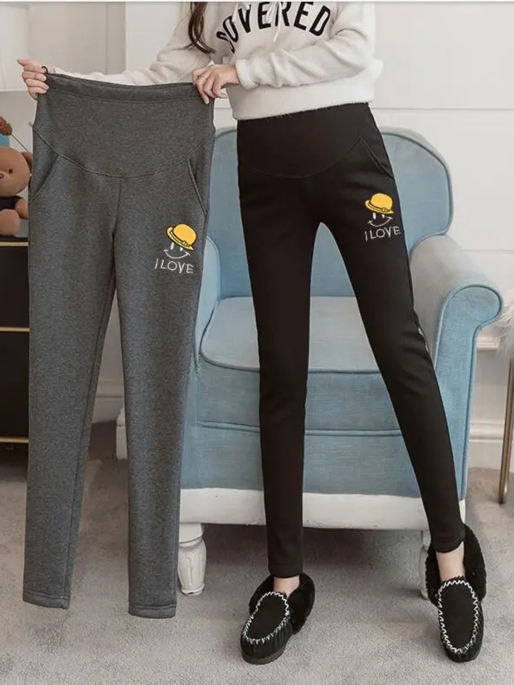 色違いで比較できるマタニティロングパンツの着用イメージ
