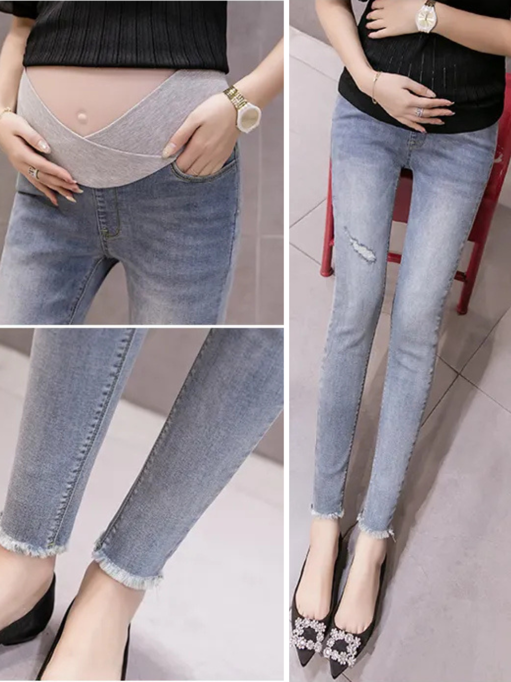 マタニティデニムパンツの全身着用イメージ（腹部カバー付き）
