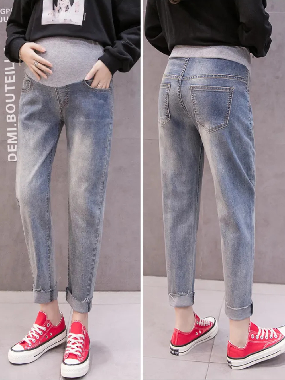 コーデ全体がわかるマタニティデニムパンツの着用イメージ
