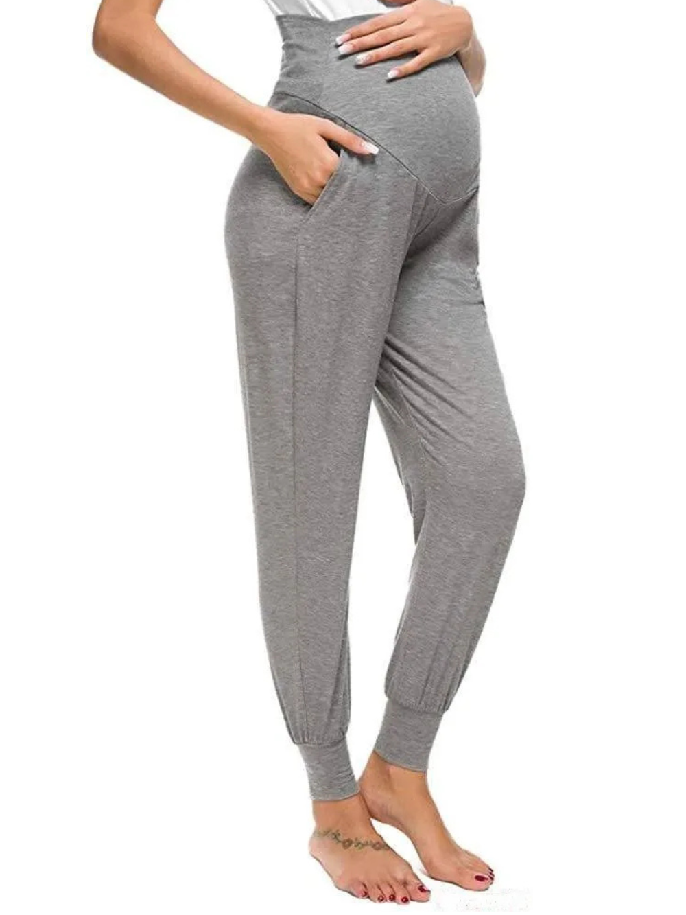 腹部サポート付き マタニティジョガーパンツ（ライトグレー）着用イメージ
