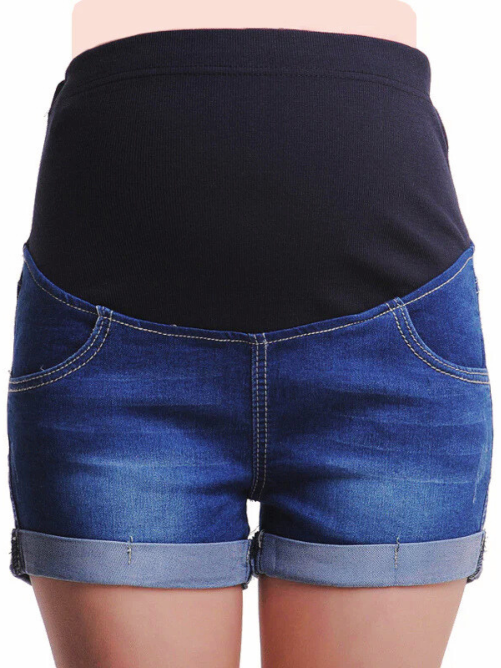マタニティデニムショートパンツの正面デザイン（腹部サポート付き）
