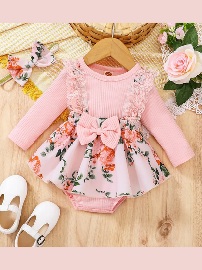 女の子ベビー向けレース×フラワー2点セットのコーデ全体が分かる商品イメージ
