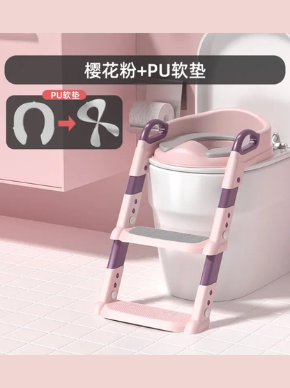 桜花ピンク ステップ付き折りたたみ補助便座 正面 PUクッション（トイトレ）
