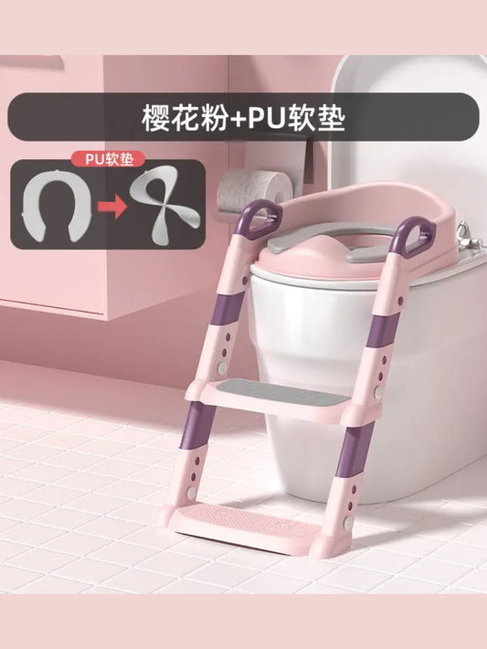 桜花ピンク ステップ付き折りたたみ補助便座 正面 PUクッション（トイトレ）
