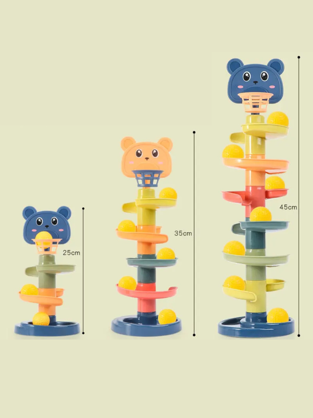 ボールスライドタワーの層数比較イメージ　3種類の高さのモデルと黄色ボール付き

