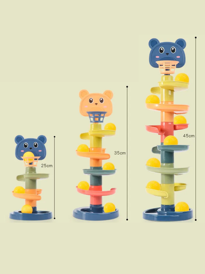 ボールスライドタワーの層数比較イメージ　3種類の高さのモデルと黄色ボール付き
