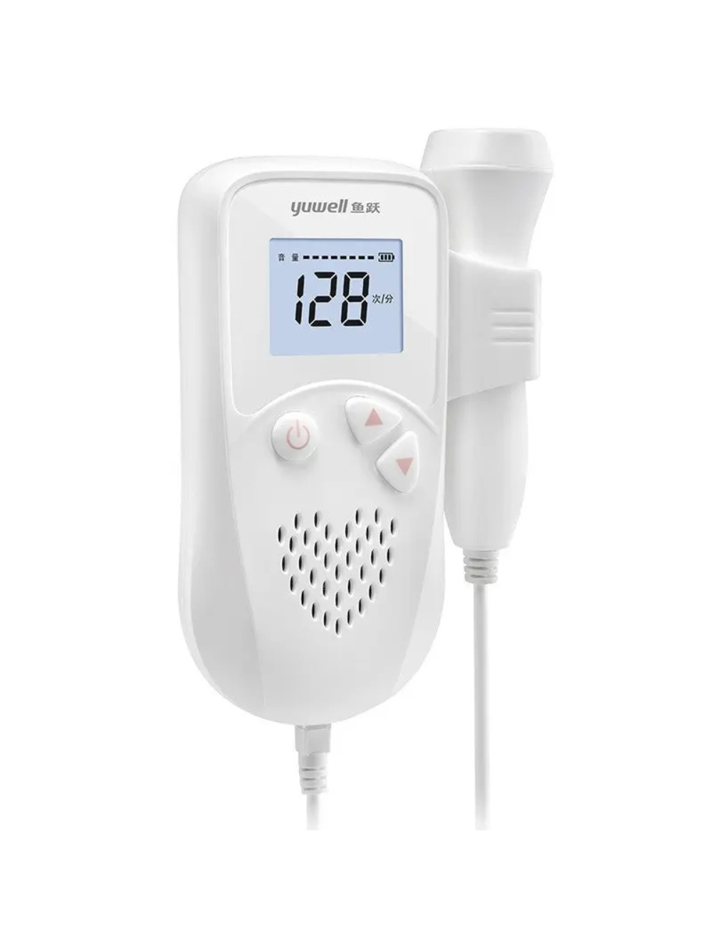 ホワイトの胎児心拍モニター本体とプローブの正面イメージ
