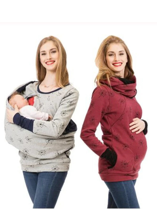 ライトグレーとワインレッドのマタニティプルオーバー着用イメージ（プリント・カウルネック）
