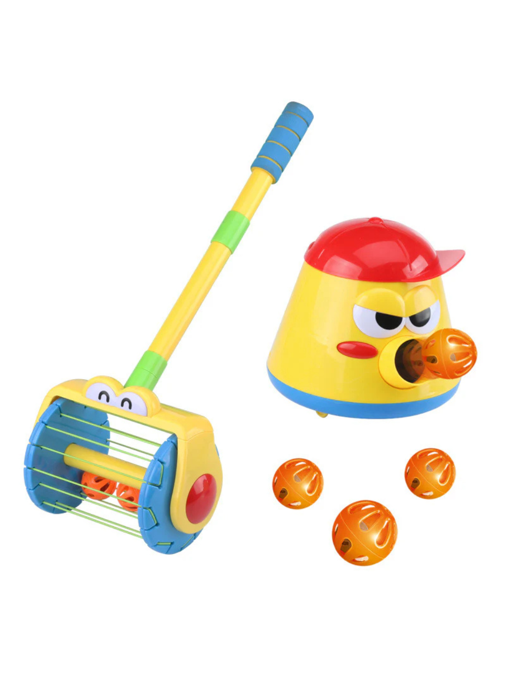 電動バキュームクリーナー型の小さなモンスターおもちゃがボールを吸い込む様子
