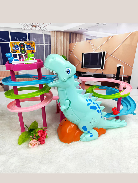 カラフルなレールが付いた恐竜すべり台トイの全体写真
