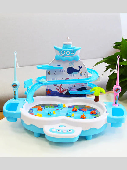 白背景に置いた電動マグネット釣りゲーム本体と釣り竿がそろったレイクグリーンの全体イメージ
