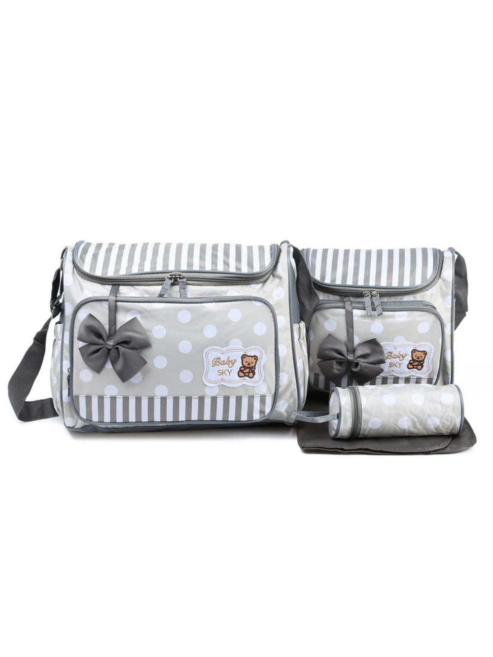 グレー系ストライプとドット柄のマザーズバッグ4点セット（メインバッグ・サブバッグ・ボトルケース・おむつ替えマット）ベアモチーフ付き
