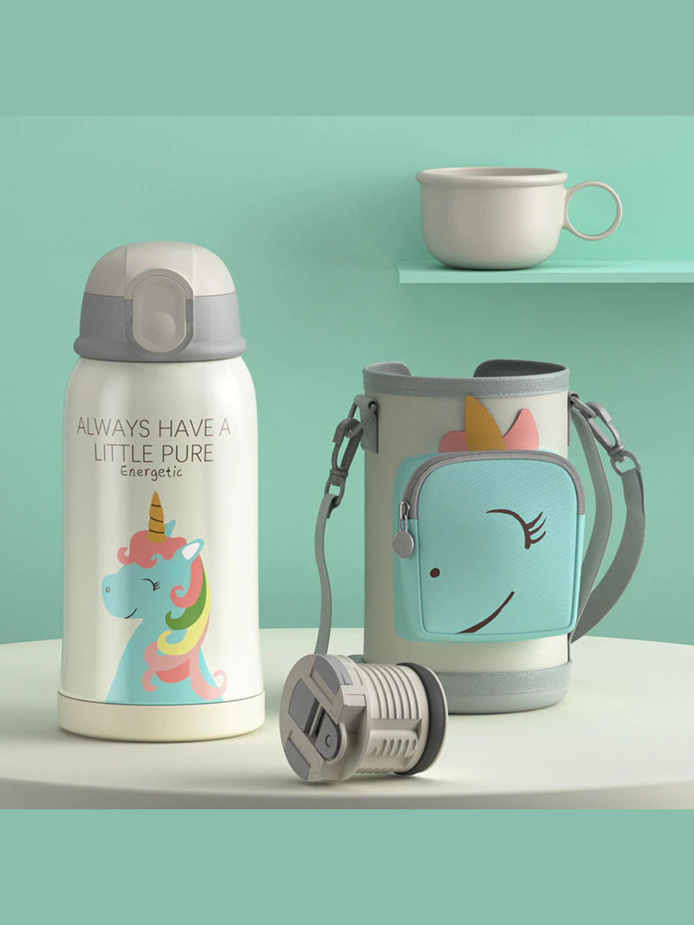 おでかけに便利なこども用水筒550mL ユニコーン柄ボトル＋ストラップ付きボトルポーチ（ベビー水筒）
