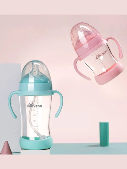 取っ手付きベビー哺乳瓶 ピンク・グリーン 2色イメージ（哺乳瓶）
