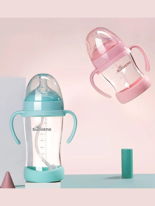 取っ手付きベビー哺乳瓶 ピンク・グリーン 2色イメージ（哺乳瓶）
