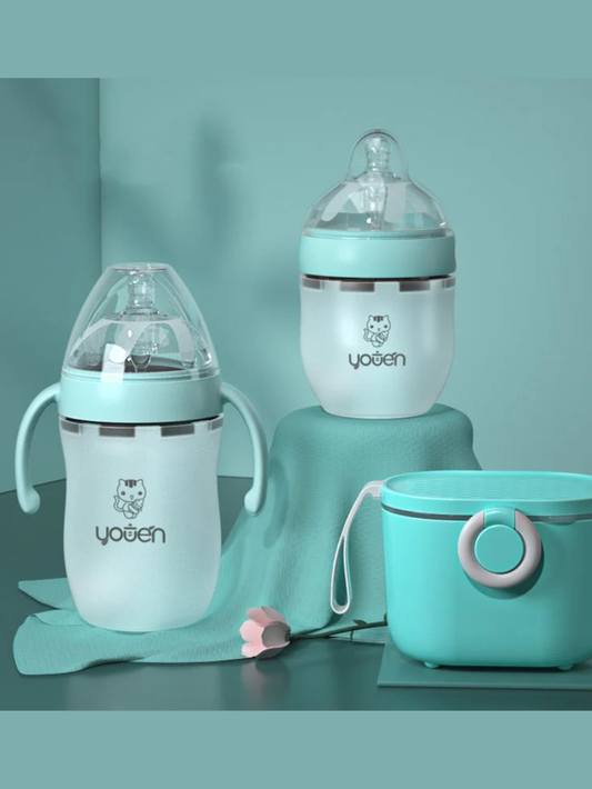 取っ手付き耐熱哺乳瓶 ピンク・グリーン 2色イメージ（哺乳瓶）
