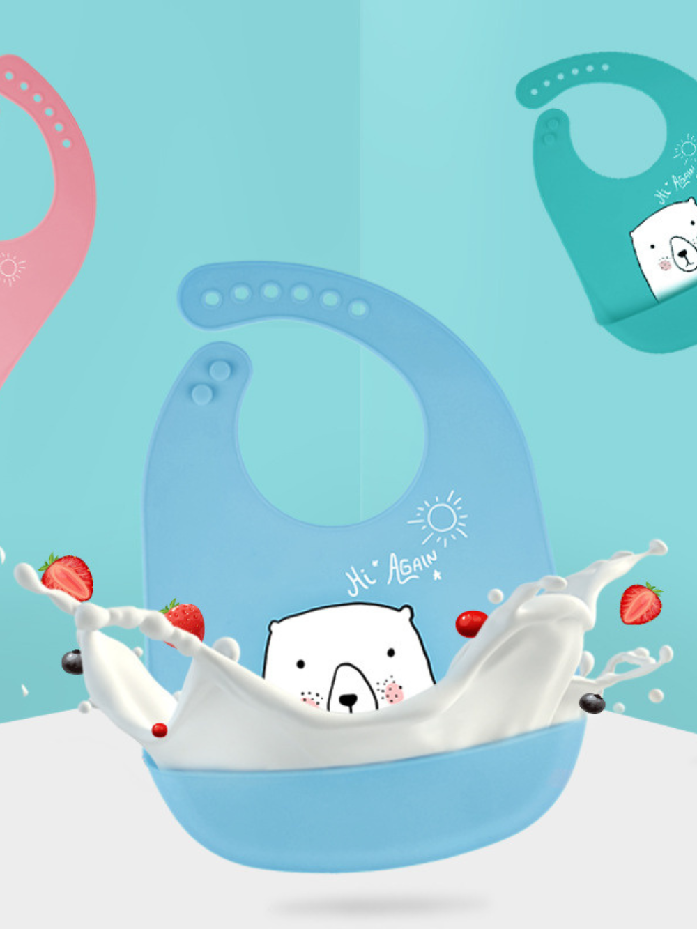 ブルーのシリコンベビービブ 深型ポケット付き ミルクの飛び散りイメージ（ベビービブ）
