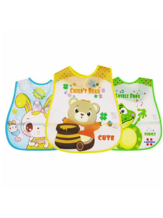新生児〜幼児の食事汚れストレスを減らす 安心快適EVA防水ベビービブ 食事用スタイ エプロンタイプ よだれ・飲みこぼし対策 拭くだけ簡単 ユニセックス柄（クマ・くるま・ぞう・かえる・うま・ぱんだ・ぶた・いちご）
