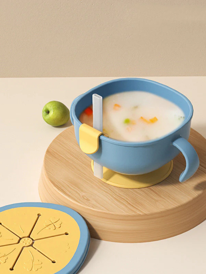 ブルーの吸盤付きリーフストローボウル（こぼれにくいベビーカップ）
