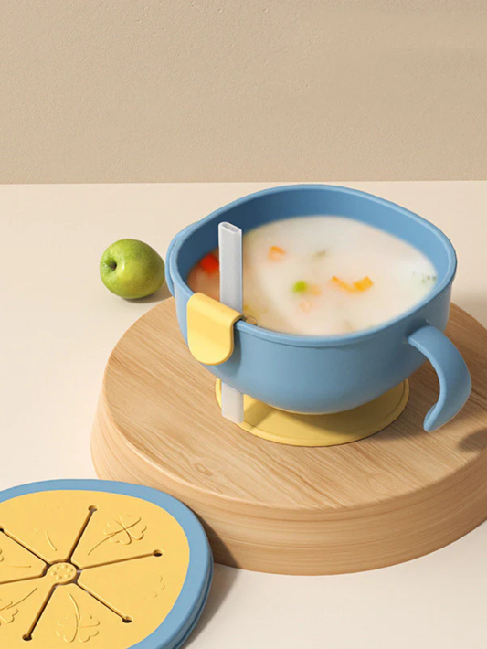 ブルーの吸盤付きリーフストローボウル（こぼれにくいベビーカップ）
