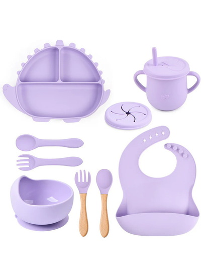 ラベンダーの恐竜プレート付きシリコンベビー食器セット（ベビー食器）ビブ・ボウル・カップ・スプーン＆フォーク
