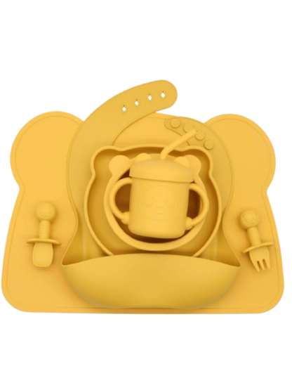 ジンジャーカラーの吸盤付きシリコンベビー食器7点セット（離乳食グッズ）プレート・ボウル・カップ・スプーン＆フォーク・ビブ・マット
