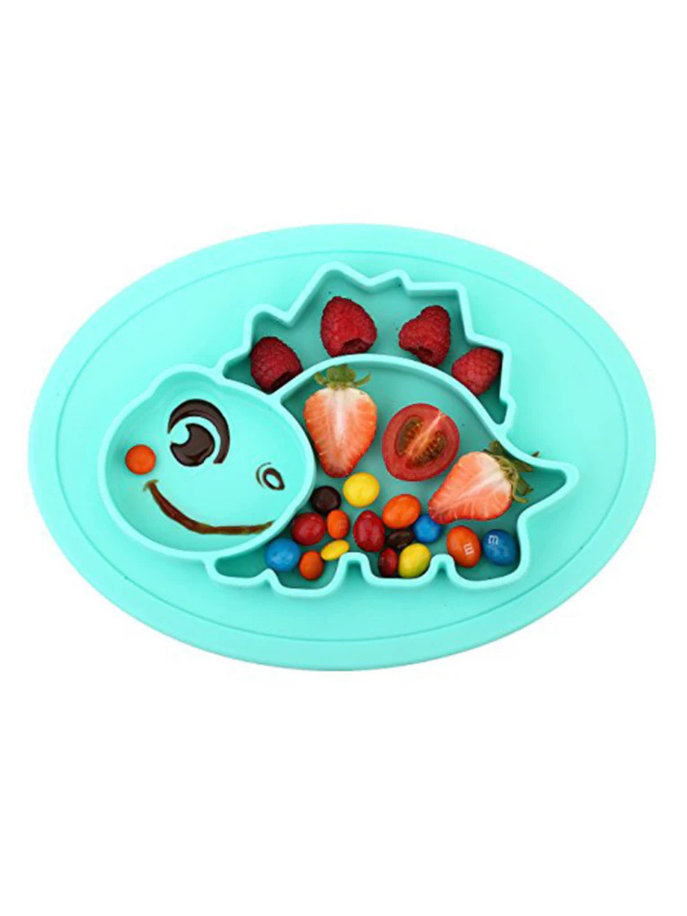 ターコイズの吸盤付きシリコン仕切りベビープレート 恐竜デザイン フルーツ盛り付け例（離乳食プレート）
