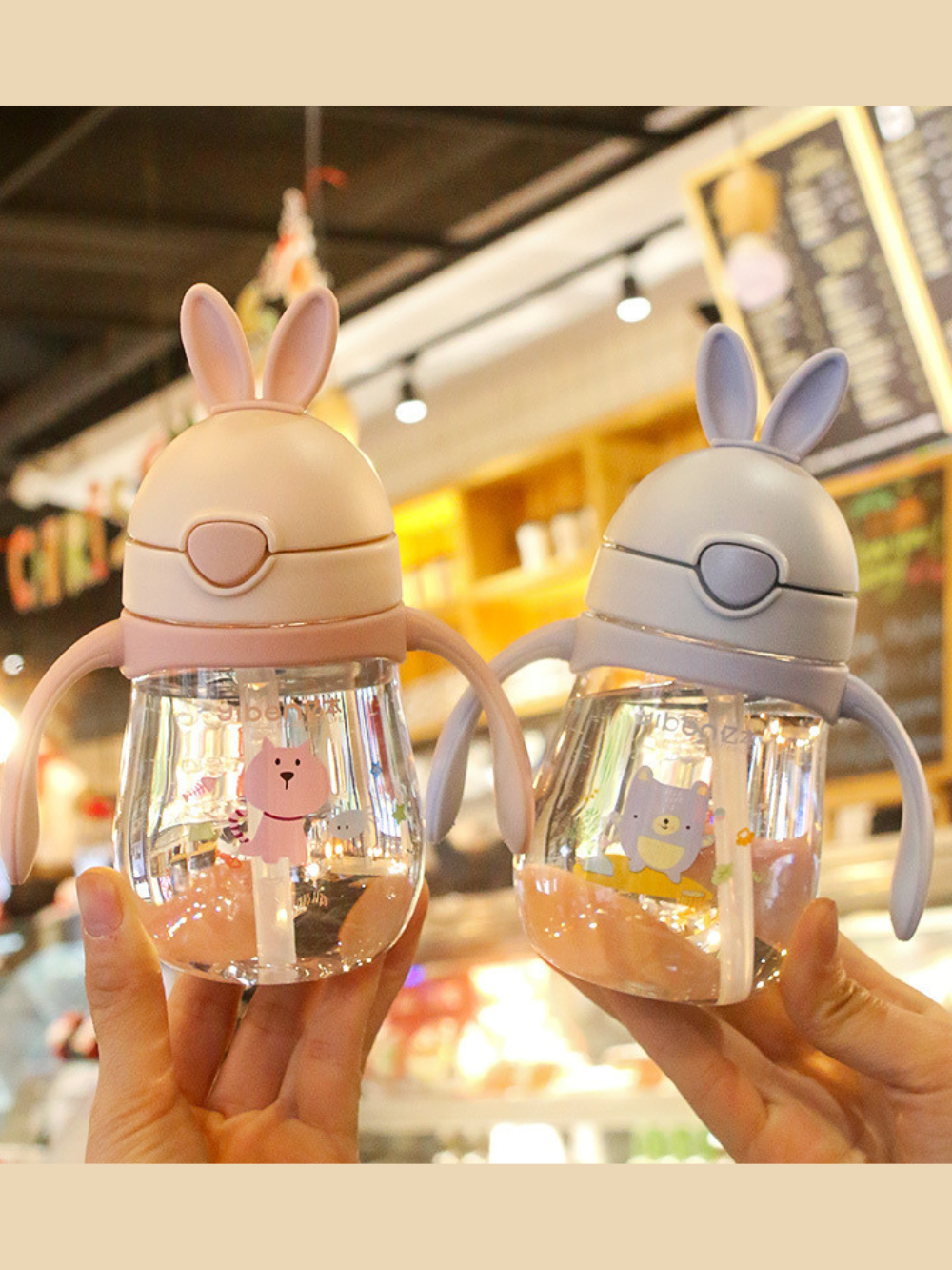 うさぎデザイン目盛り付きベビーストローマグ 280ml・370ml ピンク・ブルー（トレーニングカップ）
